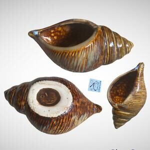 Artist Signed Conch Shell Seashell Nautical Art Pottery Planter